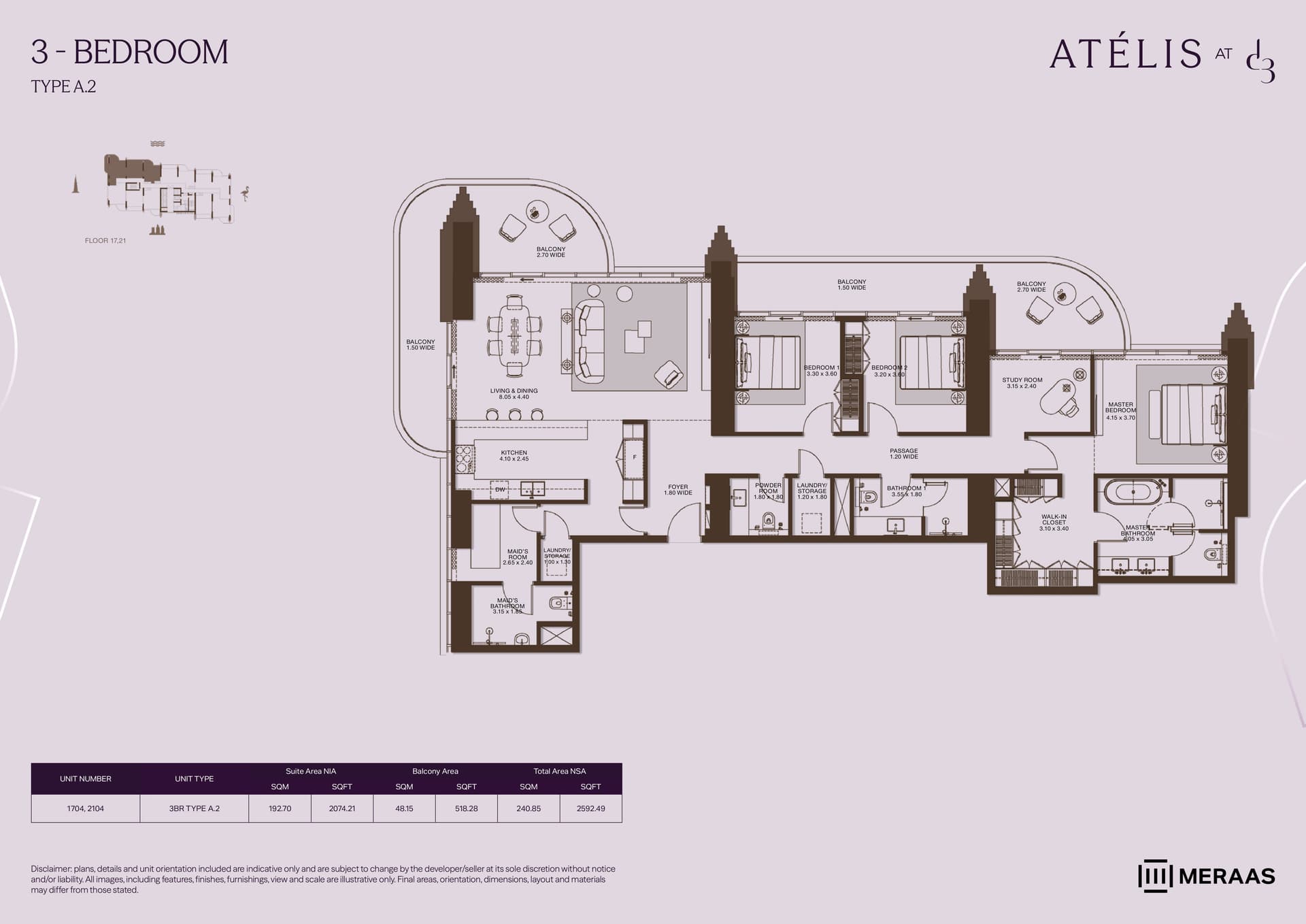 Atelis at D3, 3-Bed Floor Plan, type: 3 Bed