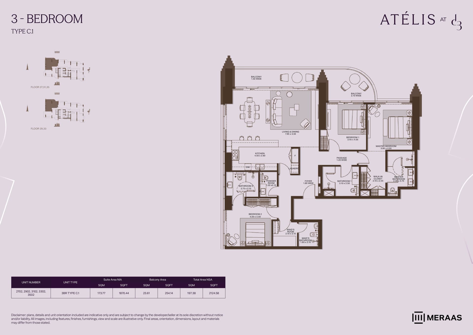 Atelis at D3, 3-Bed Floor Plan, type: 3 Bed