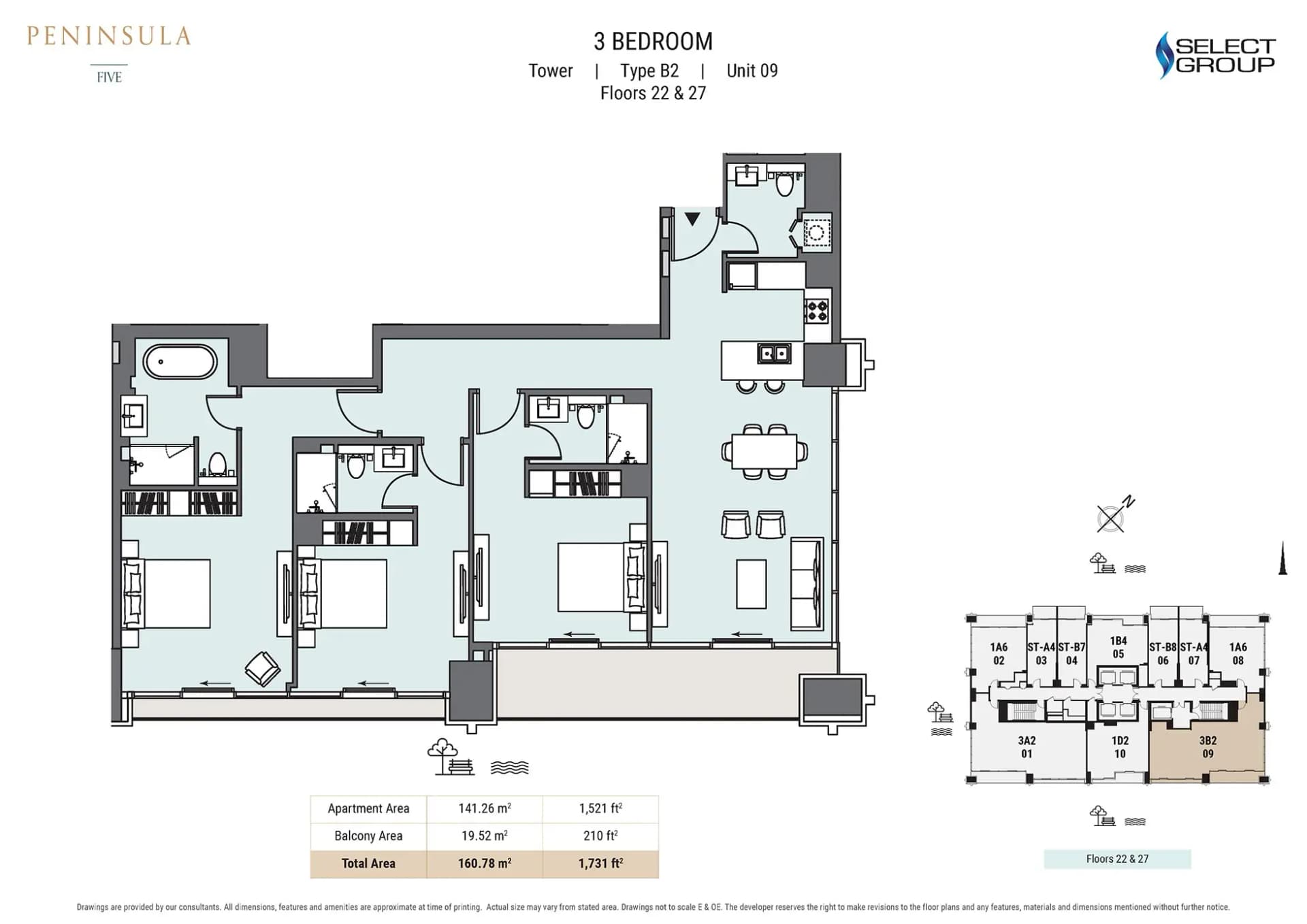 Peninsula Five - Building 1, 3-Bed Floor Plan, type: 